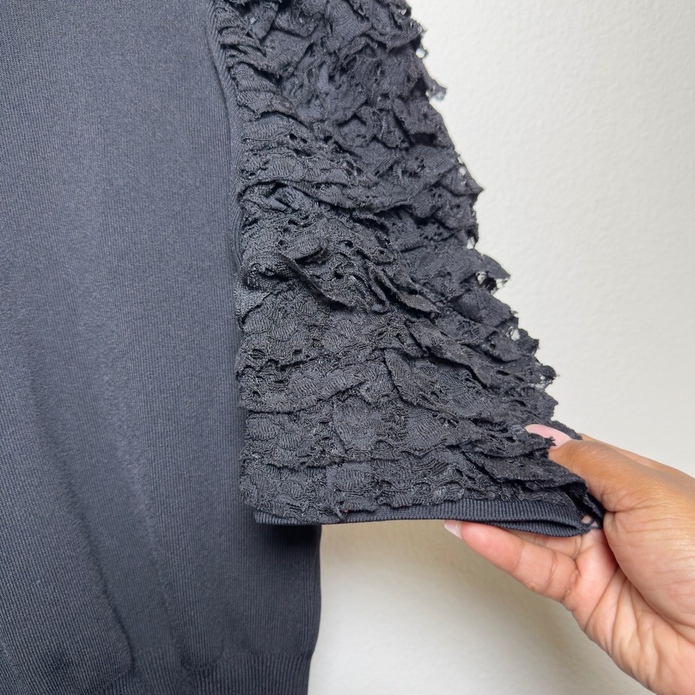 NEW Zara Women Knit Sweater Top Medium Black‎ Lace Ruffle Sleeve Old Money - Picture 8 of 9